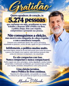 Nota de agradecimento de Marcelino D'Almeida após as eleições de 2026