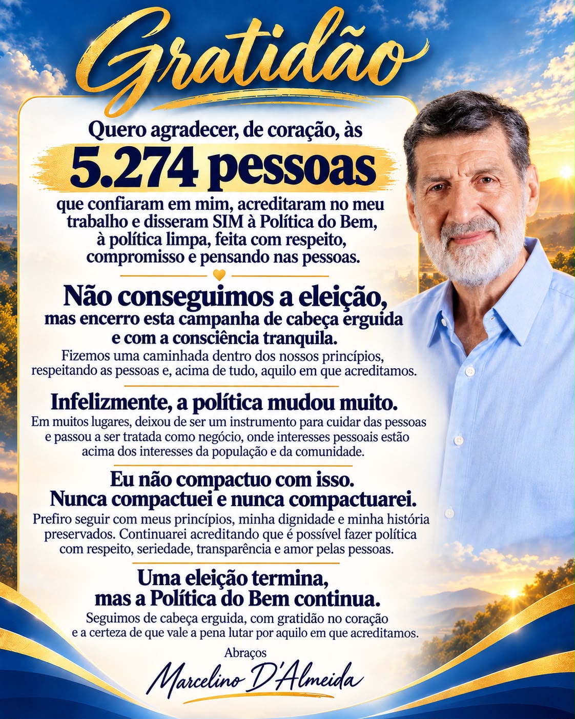 Nota de agradecimento de Marcelino D'Almeida após as eleições de 2026