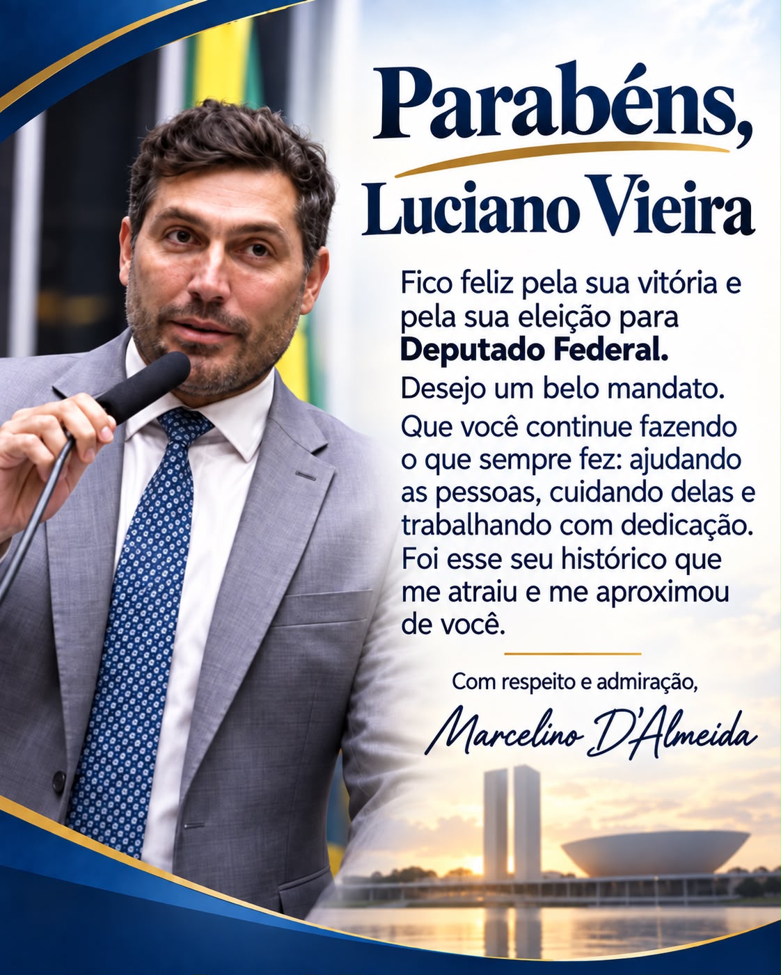 Luciano Vieira em mensagem de parabéns assinada por Marcelino D’Almeida
